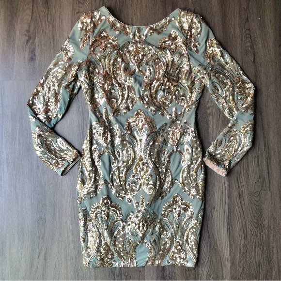 Dress the Population Lola Mini Dress Size L Grey/Green Gold Sequin NWT Mermaid - Picture 5 of 16